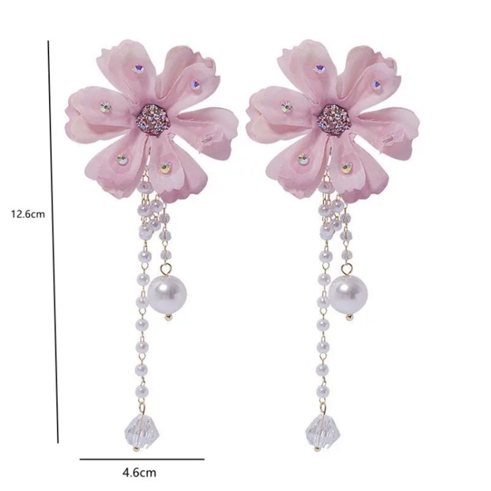 ⭐️ Big Pink Fabric Drop Long Crystals Earrings - Picture 5 of 5